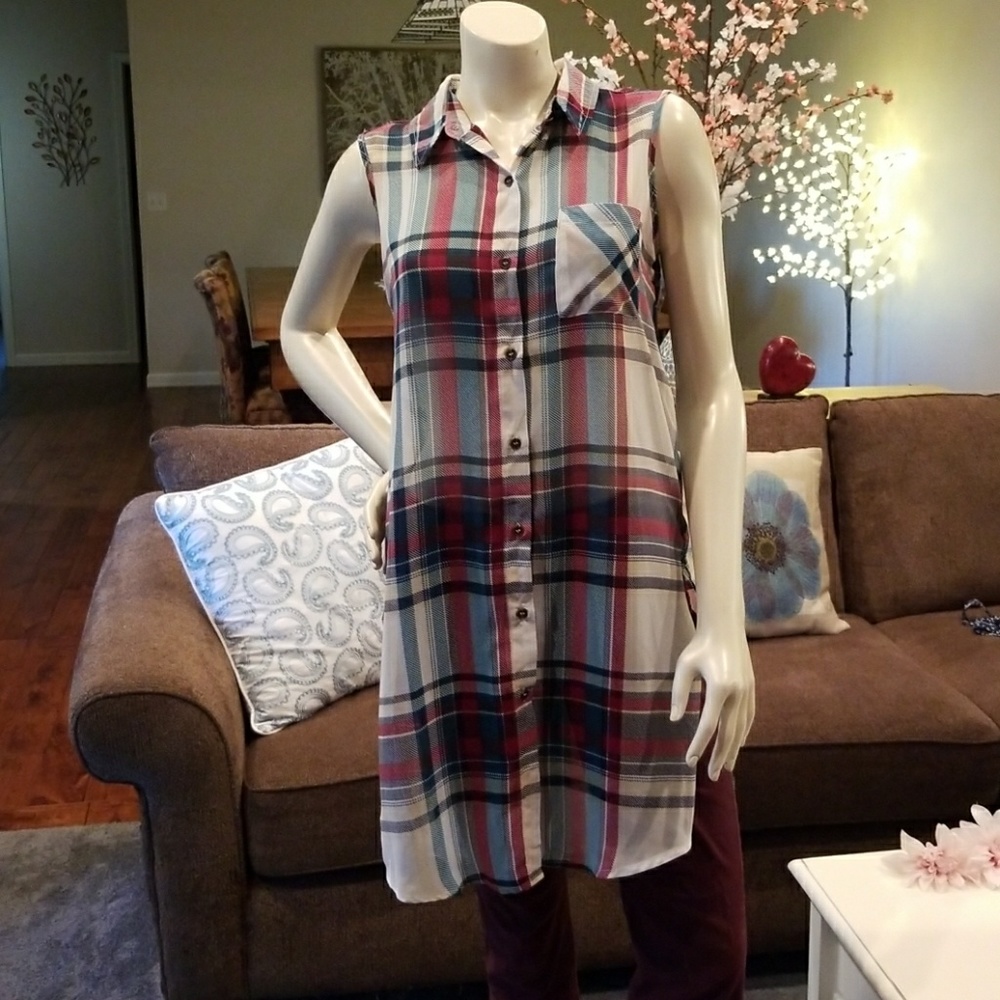 JOLT long sheer plaid collared tunic